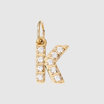 Stainless Steel Cubic Zirconia Pendants with Jump Rings, Real 14K Gold Plated, Letter K, 8mm