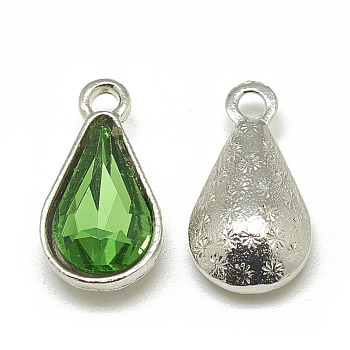 Alloy Glass Pendants, Faceted, teardrop, Platinum, Green, 18x10x5mm, Hole: 2mm
