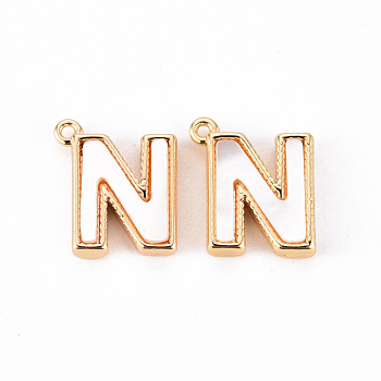 Brass Charms, with Shell, Real 18K Gold Plated, Nickel Free, Letter.N, 10x9x2mm, Hole: 0.8mm