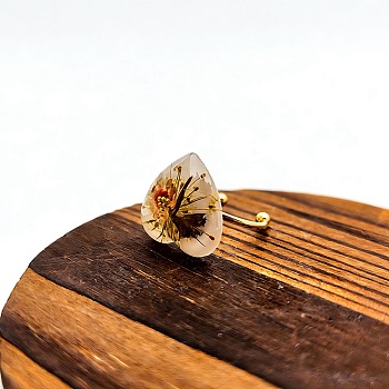 304 Stainless Steel Cuff Open Rings, Heart with Flower, with Resin, Golden, Sandy Brown, 18mm