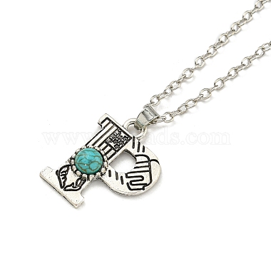 Letter A~Z Antique Silver Plated Alloy with Synthetic Turquoise Pendant Necklaces(NJEW-G080-01P)-2