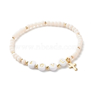 Glass Beads Stretch Bracelets, with Acrylic & Brass Beads, 304 Stainless Steel Cross Charms, Word Love, Creamy White, Inner Diameter: 2-1/4 inch(5.7cm)(BJEW-JB06577-04)
