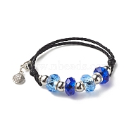 Faceted Glass European Beads Cord Bracelet, Shell Charm Adjustable Bracelet for Teen Girl Women, Antique Silver, Blue, Inner Diameter: 2-1/8~3-1/2 inch(5.3~9cm)(BJEW-JB07035-02)