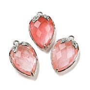 Cherry Quartz Glass Faceted Pendants, Rack Plating Brass Strawberry Charms, Platinum, 18x11x5~5.5mm, Hole: 1.2mm(G-M431-06P-12)