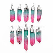 Natural Quartz Crystal Pointed Pendants, with Iron Findings, Plated Platinum, Nuggets, Dyed, Hot Pink, 45~54x8~14x5~12mm, Hole: 6x3.5mm(G-S265-04B)