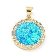 Rack Plating Brass Micro Pave Cubic Zirconia Pendants, Synthetic Opal Flat Round Charms with Snap on Bail, Cadmium Free & Lead Free, Long-Lasting Plated, Real 18K Gold Plated, Cyan, 19.5x17x2.5mm, Hole: 5x3.5mm(KK-C041-26G)