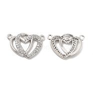 Brass Micro Pave Clear Cubic Zirconia Connector Charms, Double Heart Links, Platinum, 17x21x2.5mm, Hole: 1.6mm(KK-E068-VB064)