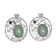 Natural Green Aventurine Oval Pendants, Rack Plating Antique Silver Plated Brass Pave Rhinestone Oval Charms, Cadmium Free & Lead Free, 45x35x8mm, Hole: 3.5mm(G-Q165-03AS-01)