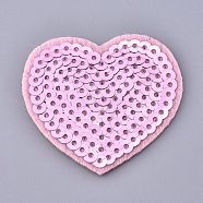 Computerized Embroidery Cloth Iron on/Sew on Patches, with Paillette, Costume Accessories, Appliques, Heart, Pink, 45.5x51.5x1.5mm(DIY-M010-02)