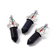 Synthetic Blue Goldstone Big Pendants, 7 Chakra Faceted Bullet Charms, with Platinum Plated Brass Findings and Colorful Rhinestone, Cadmium Free & Lead Free, 55x22.5x16mm, Hole: 8x5mm(G-I342-01P-08)