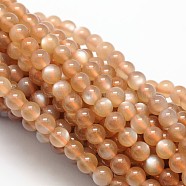 Natural Peach Moonstonee Beads Strands, Grade AA, Round, 5mm, Hole: 1mm, about 84pcs/strand, 15.74 inch(G-L425-25-5mm)
