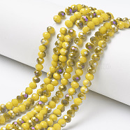 Electroplate Opaque Glass Beads Strands, Half Purple Plated, Faceted, Rondelle, Yellow, 4x3mm, Hole: 0.4mm, about 130pcs/strand, 16.54 inch(42cm)(EGLA-A034-P4mm-F11)
