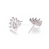 Brass Cubic Zirconia Stud Earring Findings, with Loop, Flower, Clear, Platinum, 12x11.5x2.5mm, Hole: 1mm, Pin: 0.8mm(EJEW-E257-03P)