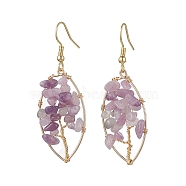 Natural Lilac Jade Chips Tree of Life Dangle Earrings, Real 18K Gold Plated Brass Wire Wrap Drop Earrings, 54.5x18mm(EJEW-JE05730-03)