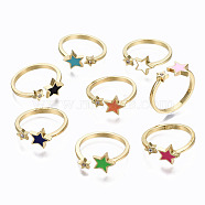Brass Micro Pave Clear Cubic Zirconia Cuff Rings, Open Rings, with Enamel, Cadmium Free & Nickel Free & Lead Free, Star, Golden, Mixed Color, US Size 7 1/4(17.5mm)(RJEW-S045-068-NR)