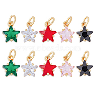 10Pcs 5 Colors Rack Plating Brass Micro Pave Cubic Zirconia Charms, with Jump Rings, Long-Lasting Plated, Cadmium Free & Lead Free, Star, Real 18K Gold Plated, Mixed Color, 10.5x8.5x6mm, jump rings: 5x0.9mm, Hole: 3.2mm, 2pcs/color(ZIRC-HY0001-05)