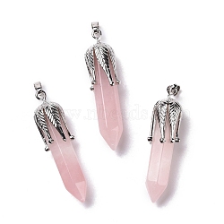 Natural Rose Quartz Big Pendants, with Platinum Tone Brass Findings, Cadmium Free & Lead Free, Bullet with Leaf, 53.5~57x14~15x14~15mm, Hole: 7x4mm(G-E059-03AS-08)