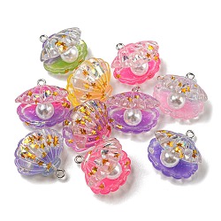 Luminous Transparent Resin Pendants, Glow in the Dark Shell with Pearl Shape Charms with Star Paillettes and Platinum Plated Iron Loops, Mixed Color, 23~24.5x21.5~23x16~17.5mm, Hole: 2mm(RESI-E054-03P)