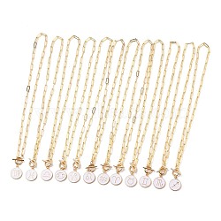 Flat Round with 12 Constellation/Zodiac Sign Alloy Enamel Pendant Necklaces Sets, with Brass Paperclip Chains and 304 Stainless Steel Toggle Clasps, White, Golden, 18.19 inch(46.2cm), 12pcs/set(NJEW-JN03193)