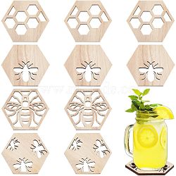 12Pcs 4 Style Wood Cup Mat, Hollow-out Coaster, Hexagon with Bees & Hexagon Pattern, Mixed Patterns, 82x95x5mm, 3pcs/style(DJEW-OC0001-29)