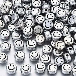 Plated Acrylic Beads, Flat Round with Smiling Face, Black, Antique Silver, 7x3.5mm, Hole: 1.5mm, about 3665pcs/500g(MACR-S369-001)
