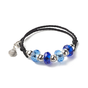 Faceted Glass European Beads Cord Bracelet, Shell Charm Adjustable Bracelet for Teen Girl Women, Antique Silver, Blue, Inner Diameter: 2-1/8~3-1/2 inch(5.3~9cm)