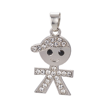 Rhinestone Pendants, with Platinum Plated Alloy Findings, Boy, Crystal, 27x18x3mm, Hole: 5x6mm