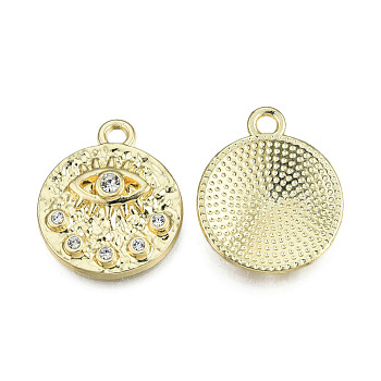 Rack Plating Alloy Pendants, with Crystal Rhinestone, Flat Round with Horse Eye, Cadmium Free & Nickel Free & Lead Free, Light Gold, 21.5x18x4mm, Hole: 2mm