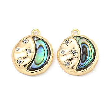 Brass Micro Pave Clear Cubic Zirconia Pendants, with Paua Shell, Flat Round Charms, Real 18K Gold Plated, 15.8x13.5x3mm, Hole: 1.4mm