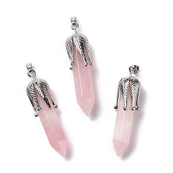 Natural Rose Quartz Big Pendants, with Platinum Tone Brass Findings, Cadmium Free & Lead Free, Bullet with Leaf, 53.5~57x14~15x14~15mm, Hole: 7x4mm