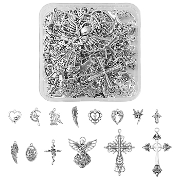 14 Style Tibetan Style Alloy Pendants, Angel & Wing & Cross & Fairy, Antique Silver, 19.5~64x9~43x1~4mm, Hole: 1~4mm