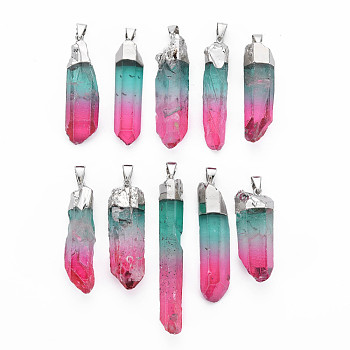 Natural Quartz Crystal Pointed Pendants, with Iron Findings, Plated Platinum, Nuggets, Dyed, Hot Pink, 45~54x8~14x5~12mm, Hole: 6x3.5mm
