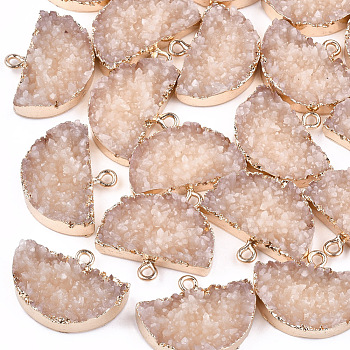 Electroplate Druzy Resin Semi Circle Pendants, with Iron Findings, Half Round, Light Gold, PeachPuff, 18~19x23.5x5~6.5mm, Hole: 1mm