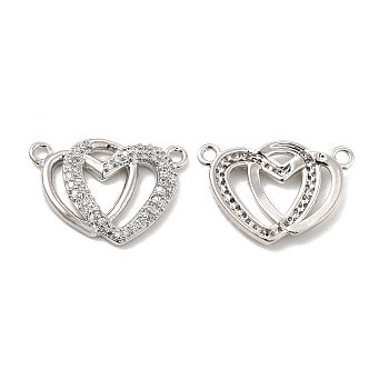Brass Micro Pave Clear Cubic Zirconia Connector Charms, Double Heart Links, Platinum, 17x21x2.5mm, Hole: 1.6mm