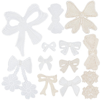 24Pcs 12 Style Milk Fiber Lace Embroidery Costume Accessories, Applique Patch, Sewing Craft Decoration, Bowknot, Mixed Color, 26~135x37~125x1~2mm, 2pcs/style