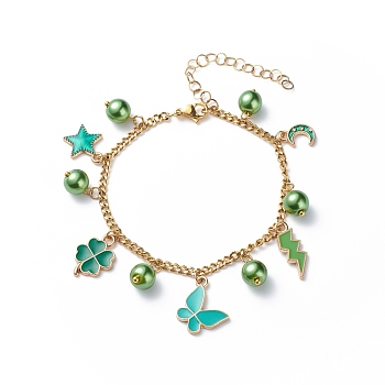 Alloy Enamel & Glass Pearl Charm Bracelet with 304 Stainless Steel Chains for Women, Green, Pendant: 11~20x7.5~16x1.5~8mm, 7-1/2 inch(19cm)
