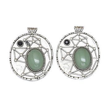 Natural Green Aventurine Oval Pendants, Rack Plating Antique Silver Plated Brass Pave Rhinestone Oval Charms, Cadmium Free & Lead Free, 45x35x8mm, Hole: 3.5mm