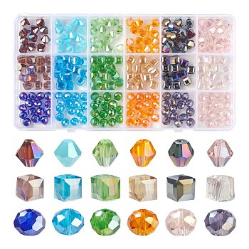 270Pcs 18 Style Electroplate Glass Beads Strands, AB Color Plated, Faceted, Bicone & Cube & Rondelle, Mixed Color, 7.5~8x7.5~8mm, Hole: 1~1.5mm, 15pcs/style