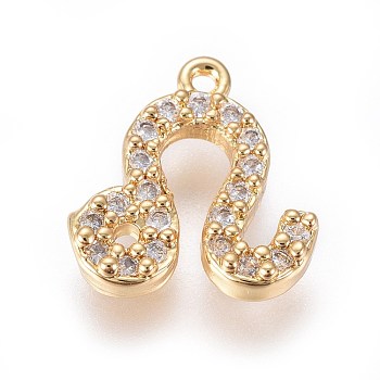 Golden Plated Brass Micro Pave Cubic Zirconia Charms, Twelve Constellations, Leo, 10x9x2mm, Hole: 0.8mm