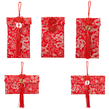 5Pcs 5 Styles Rectangle Brocade DIY Craft Pouch with Polyester Tassels, Floral Embroidered Bag, for Wedding Red Envelope Storage, Red, 10.5~25.5cm, 1pc/style