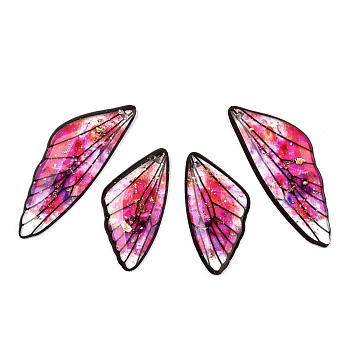 Transparent Resin Wing Pendants Set, with Gold Foil, Butterfly Wing Charms, Deep Pink, 29.5~39.5x14.5x2.5mm, Hole: 0.8mm, 2 pairs/set