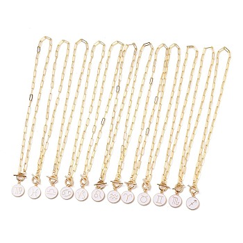 Flat Round with 12 Constellation/Zodiac Sign Alloy Enamel Pendant Necklaces Sets, with Brass Paperclip Chains and 304 Stainless Steel Toggle Clasps, White, Golden, 18.19 inch(46.2cm), 12pcs/set