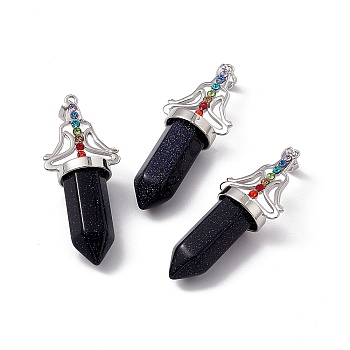 Synthetic Blue Goldstone Big Pendants, 7 Chakra Faceted Bullet Charms, with Platinum Plated Brass Findings and Colorful Rhinestone, Cadmium Free & Lead Free, 55x22.5x16mm, Hole: 8x5mm