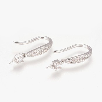 Brass Micro Pave Cubic Zirconia Earring Hooks, Clear, Platinum, 14x9x2.5mm, 28 Gauge, Pin: 0.3mm