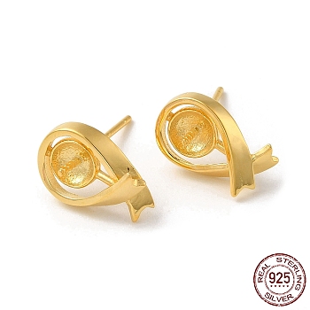 925 Sterling Silver Stud Earring Findings, for Half Drilled Beads, Ribbon, with S925 Stamp, Real 18K Gold Plated, 12.5x8mm, Pin: 0.9mm and 11x0.9mm
