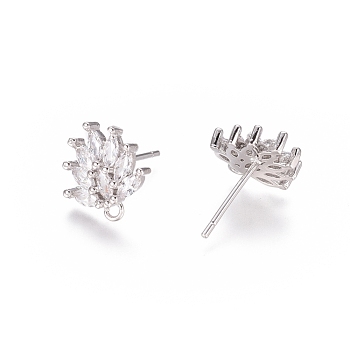 Brass Cubic Zirconia Stud Earring Findings, with Loop, Flower, Clear, Platinum, 12x11.5x2.5mm, Hole: 1mm, Pin: 0.8mm