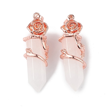 Natural Quartz Crystal Pointed Pendants, Faceted Bullet Charms, with Rack Plating Rose Gold Plated Alloy Rose Findings, Cadmium Free & Lead Free, 47~49.5x16.5x16mm, Hole: 8x5mm