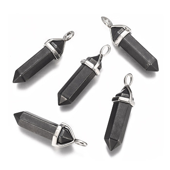 Synthetic Non-magnetic Hematite Double Terminated Pointed Pendants, with Platinum Plated Brass Findings, Bullet, 38~45x12mm, Hole: 3x5mm