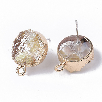 Druzy Resin Stud Earring Loops, with Steel Pins and Edge Light Gold Plated Iron Loops, Flat Round, Pale Goldenrod, 18x13.5mm, Hole: 1.8mm, Pin: 0.6mm