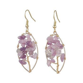 Natural Lilac Jade Chips Tree of Life Dangle Earrings, Real 18K Gold Plated Brass Wire Wrap Drop Earrings, 54.5x18mm